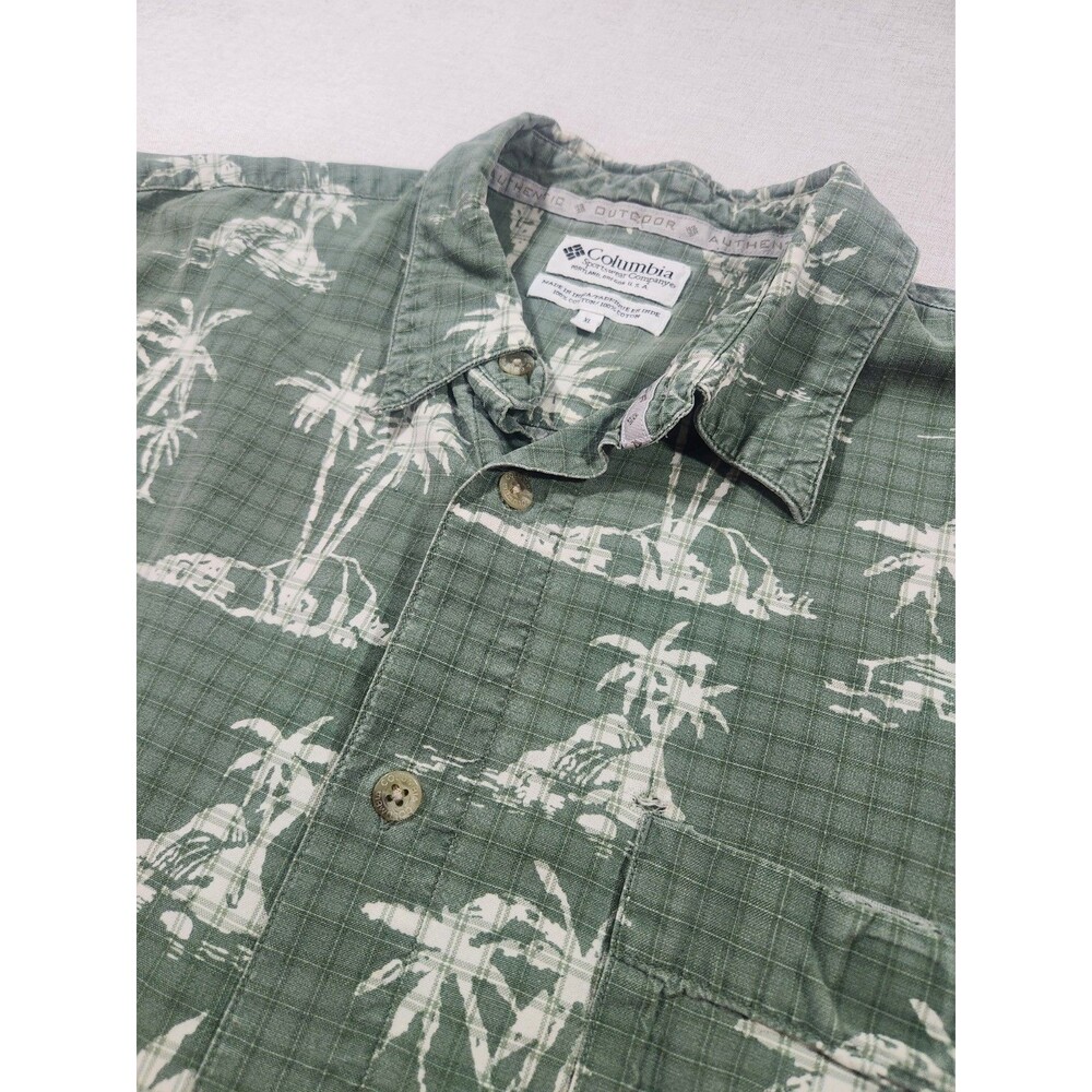 Columbia Men's Short Sleeve Button Down Plaid Palm Tree Color Green Sz XL #066
